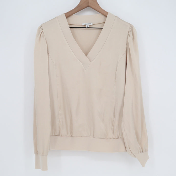 Express Womens Beige V-Neck Puff Shoulder Banded Hem Blouse Medium