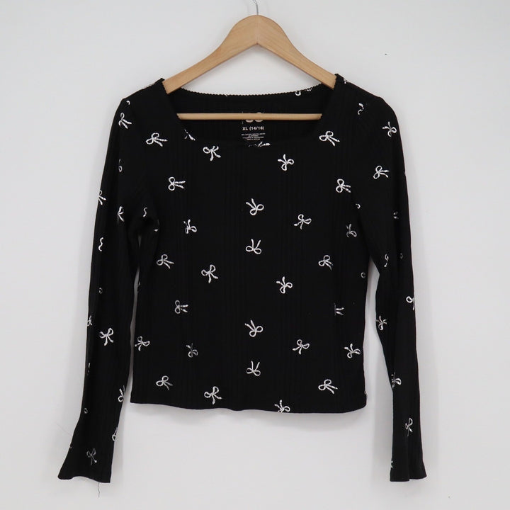 SO Girls XL 14/16 Black Ribbed Long Sleeve Top Silver Glitter Bow Square Neck