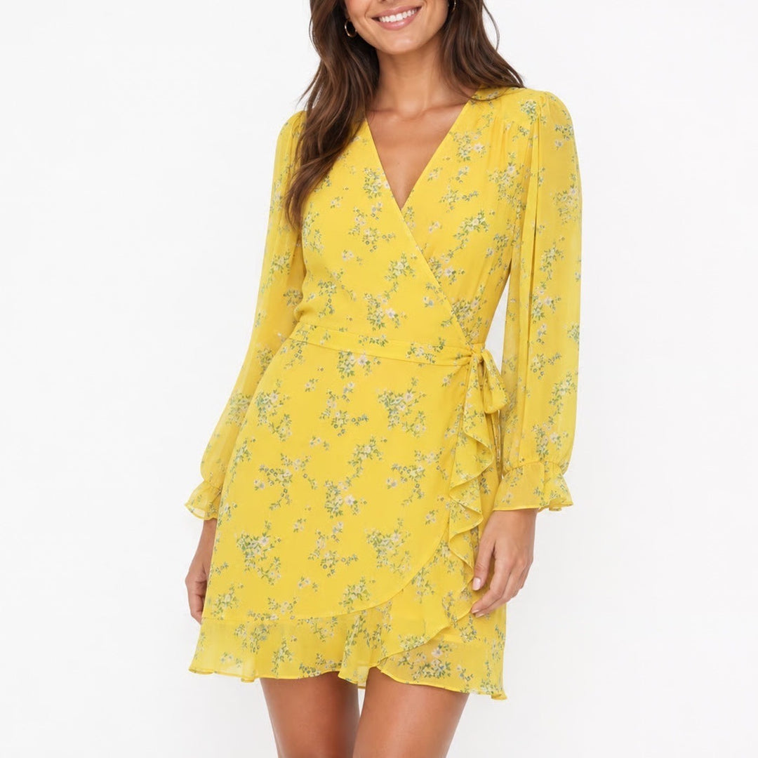 Banana Republic Yellow Floral Chiffon Ruffle Wrap Dress Long Sleeve Size 12