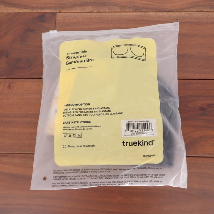Truekind Convertible Strapless Bandeau Bra Medium Black Built-in Pads Wireless