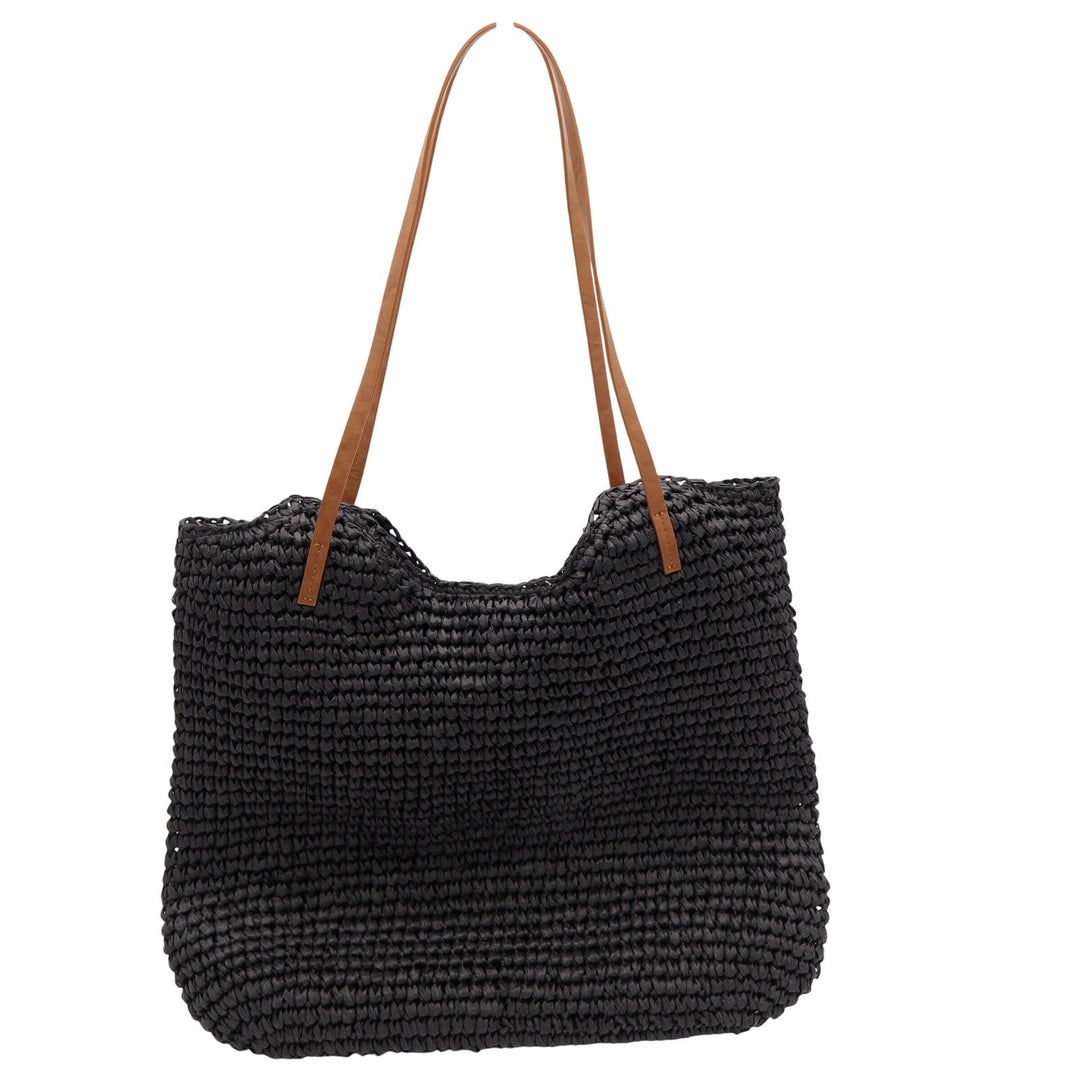 Studio Collection Black Woven Straw Tote Bag Tan Straps Handmade Summer Beach