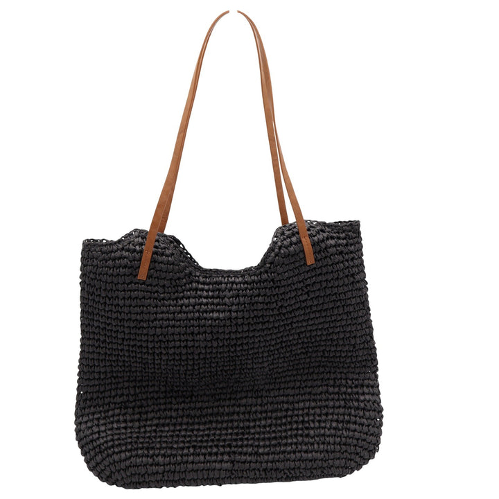 Studio Collection Black Woven Straw Tote Bag Tan Straps Handmade Summer Beach