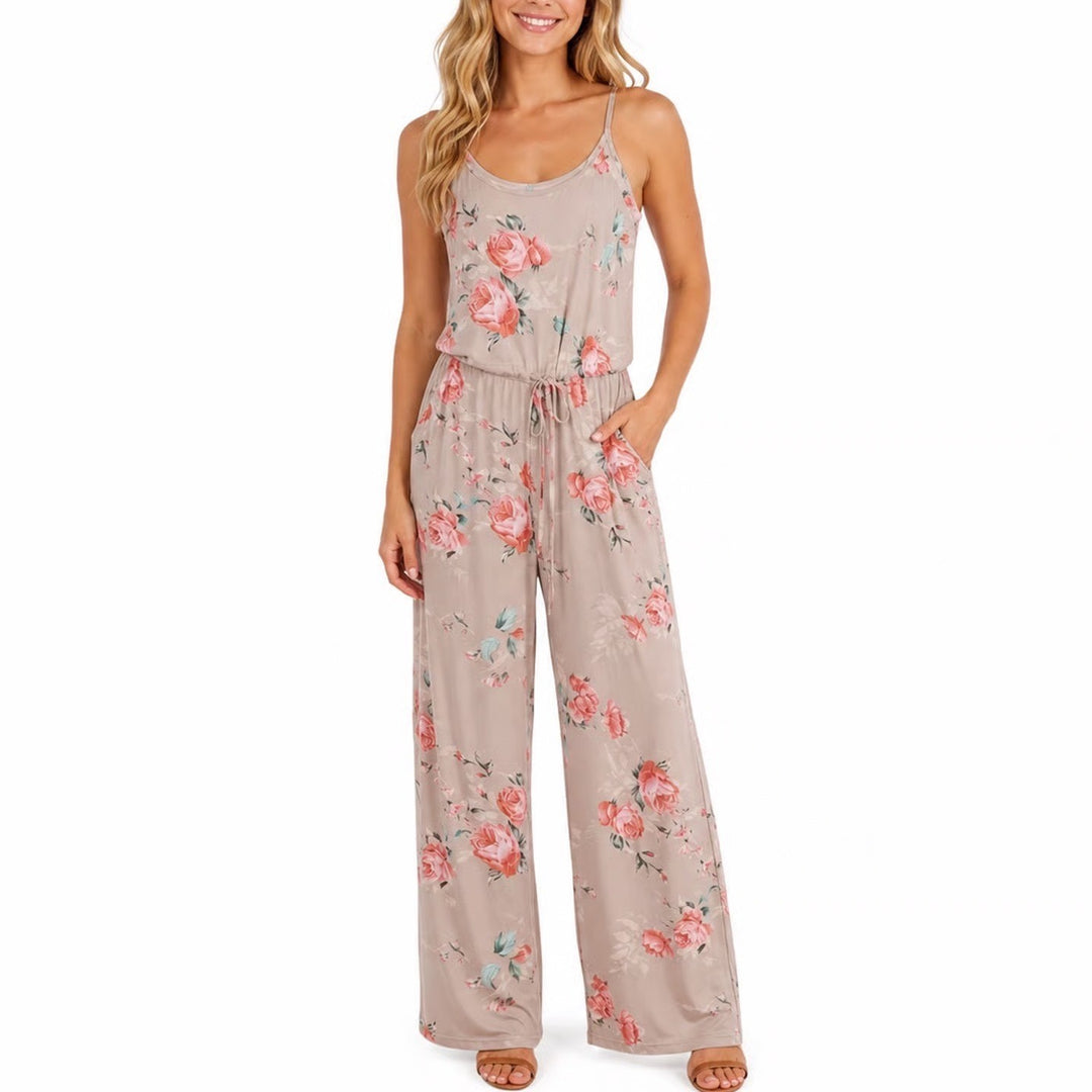 Floral Wide Leg Jumpsuit Mauve Pink Rose Print Spaghetti Strap Pockets Large