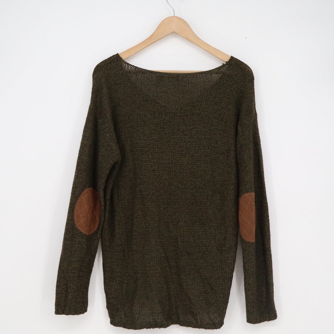 RDI Olive Green V-Neck Knit Sweater with Quilted Elbow Patches Large High-Low
