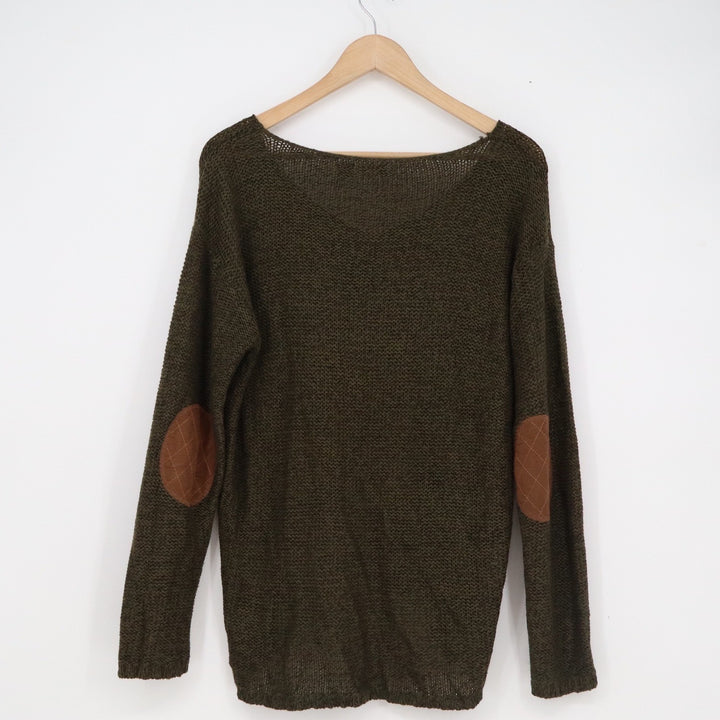 RDI Olive Green V-Neck Knit Sweater with Quilted Elbow Patches Large High-Low