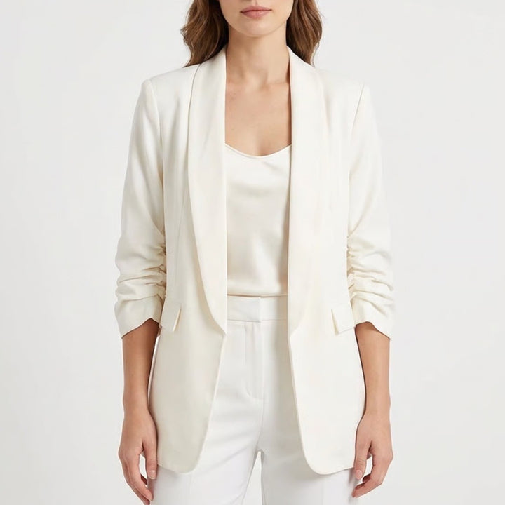 SHEIN Womens Cream Ruched 3/4 Sleeve Open Front Shawl Collar Blazer Large