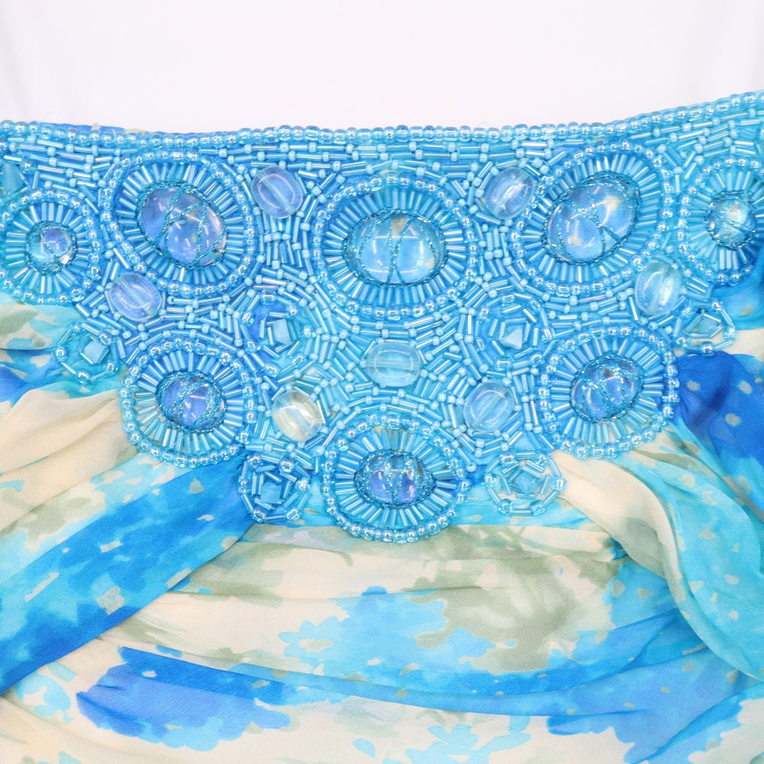Carmen Marc Valvo Blue Silk Ruched Beaded Floral Cocktail Dress Size 12
