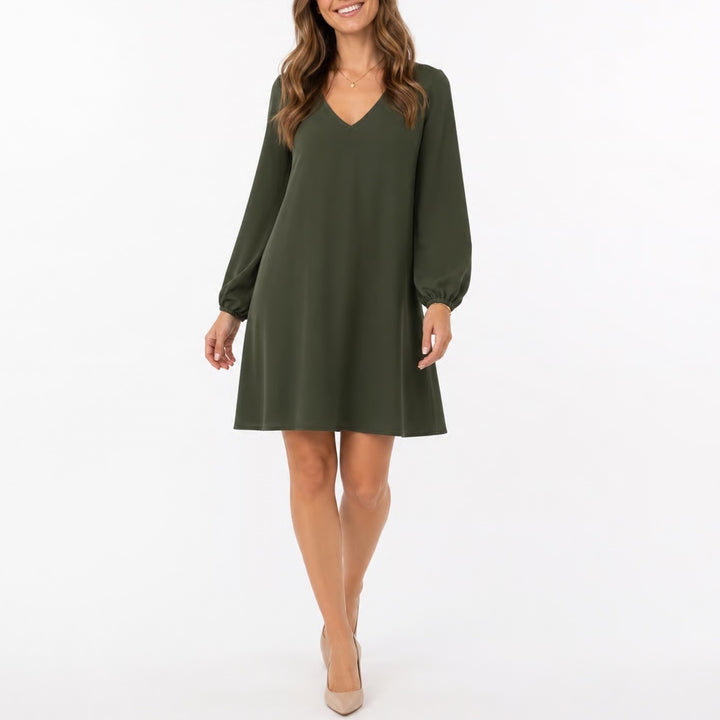 Solersun Olive Green V-Neck Balloon Sleeve Shift Mini Dress Large