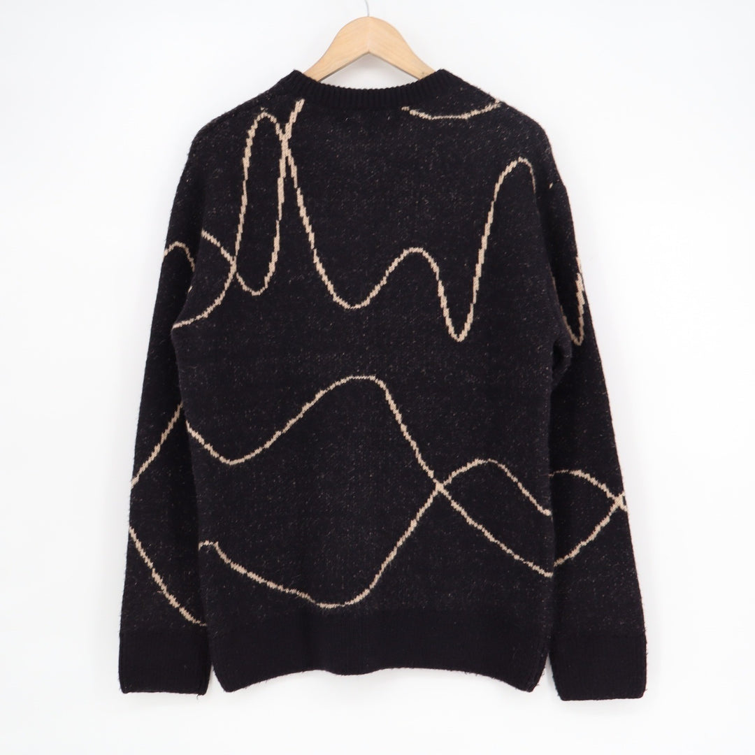 Zara Mens Abstract Wavy Line Knit Sweater Black Tan Crew Neck Medium