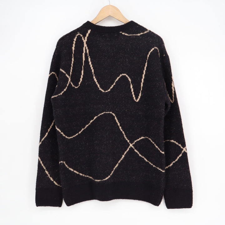 Zara Mens Abstract Wavy Line Knit Sweater Black Tan Crew Neck Medium