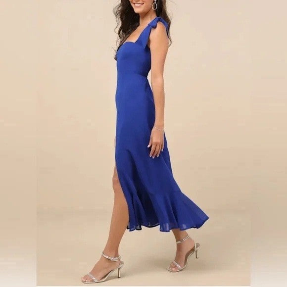 Lulus Summer Invite Royal Blue Tie-Strap Tiered Midi Dress Size M