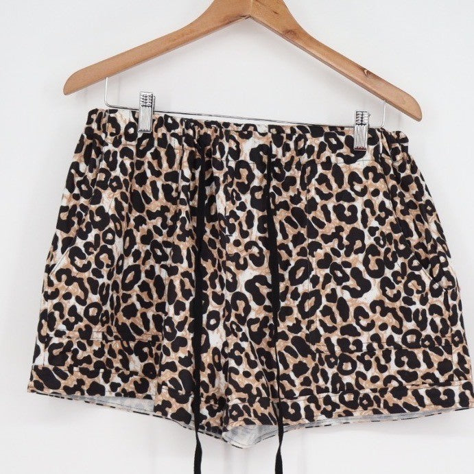 Shorts Womens Brown Black Leopard Print Elastic Drawstring Waistband Casual Wear