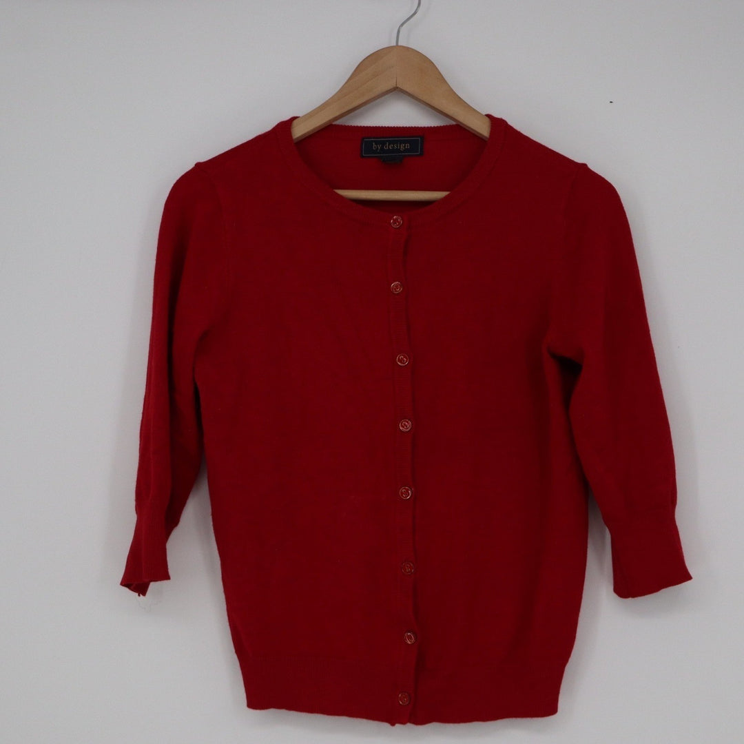 By Design Red Button Front Cardigan Sweater 3/4 Sleeve PM Petite Medium RN