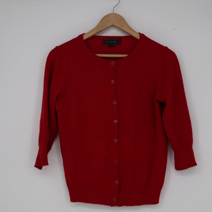 By Design Red Button Front Cardigan Sweater 3/4 Sleeve PM Petite Medium RN