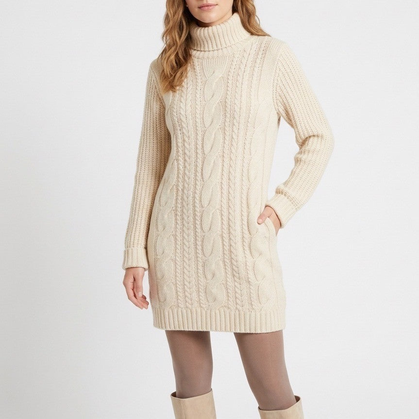 Lulus Cozy Vision Mini Sweater Dress Womens Medium Beige Cable Knit Turtle Neck