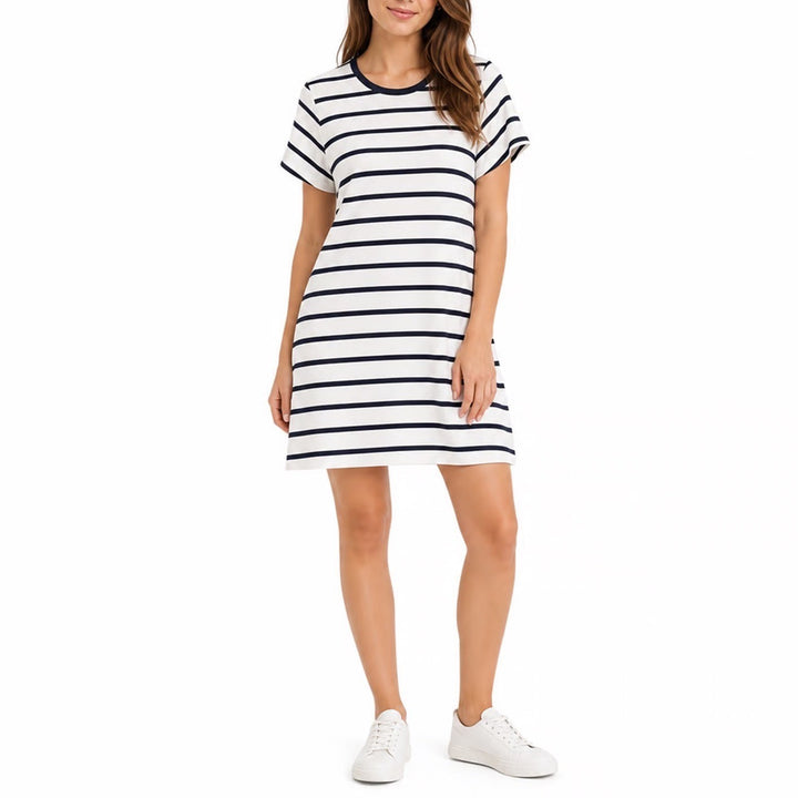 Athleta T-Shirt Dress Women L White Blue Striped Crew Neck Short Sleeve Pullover