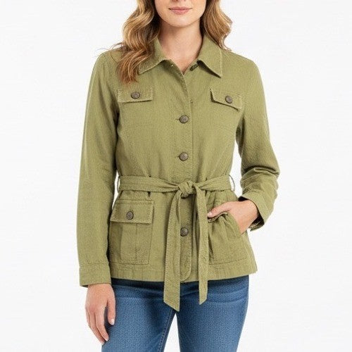 AMI Military Jacket Womens L Olive Green Waist Belt Spread Collar Button Front