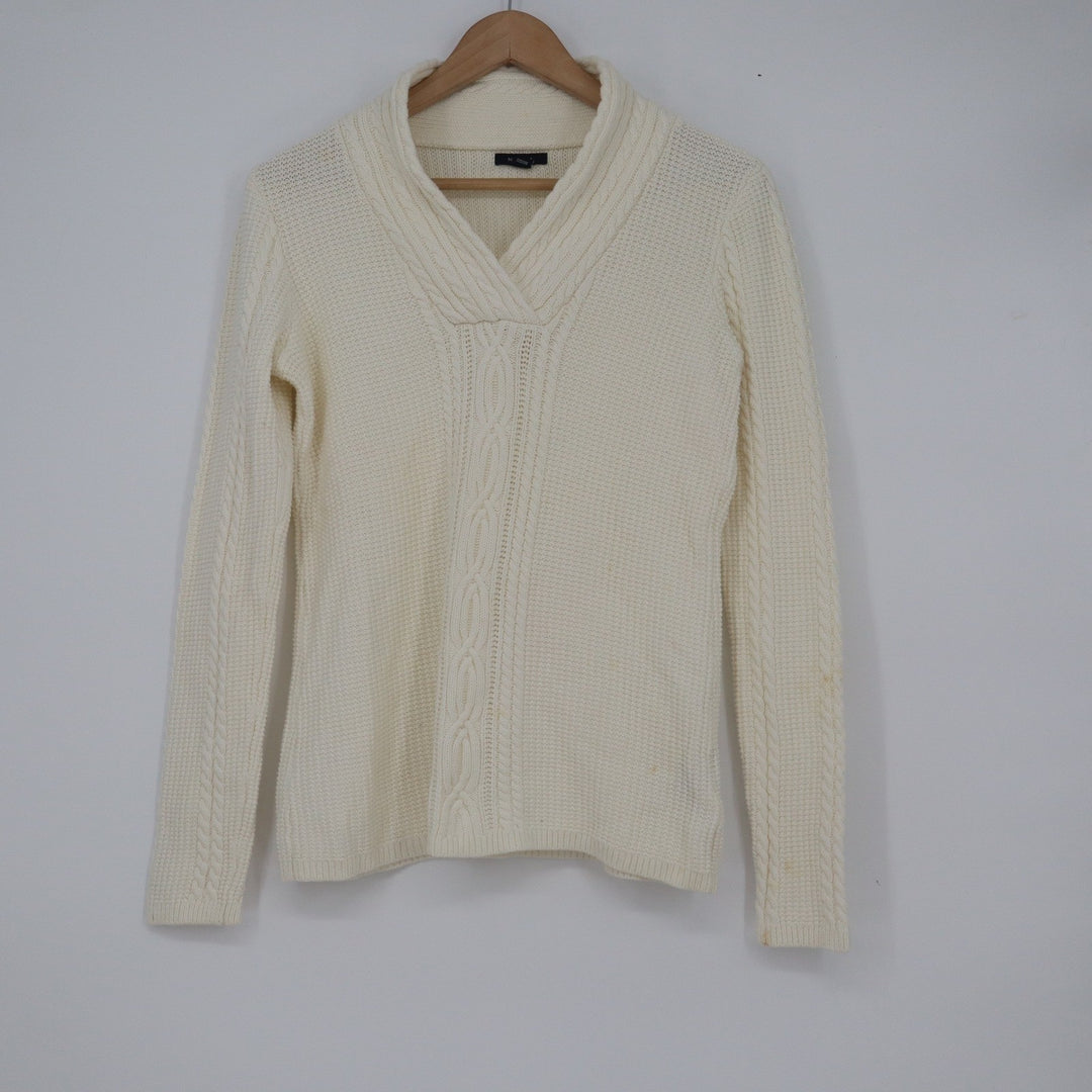 Nautica Womens Cream Cotton Shawl Collar Cable Knit Sweater Size M 10539
