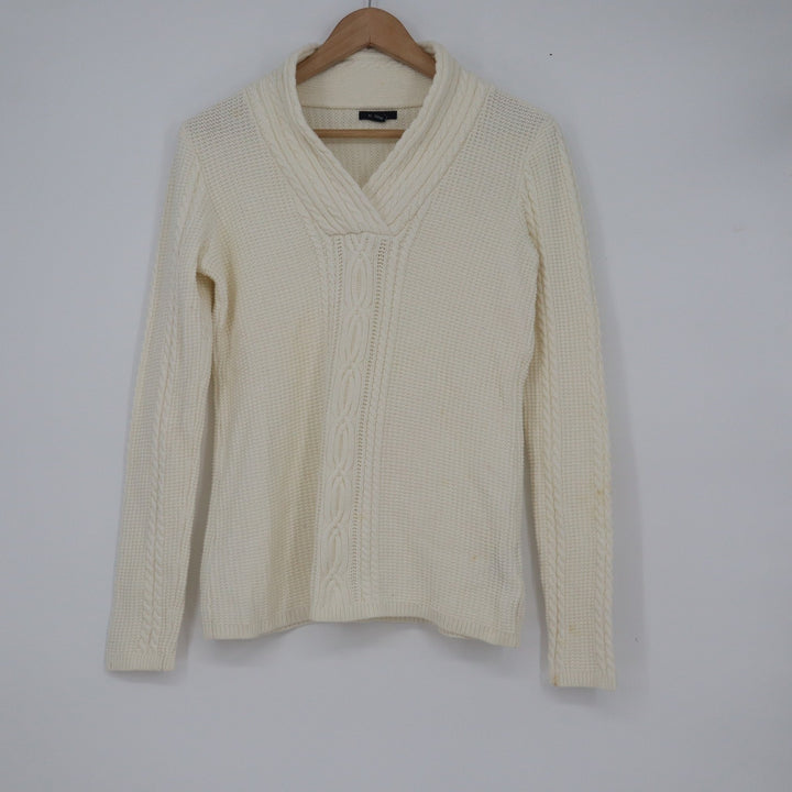 Nautica Womens Cream Cotton Shawl Collar Cable Knit Sweater Size M 10539