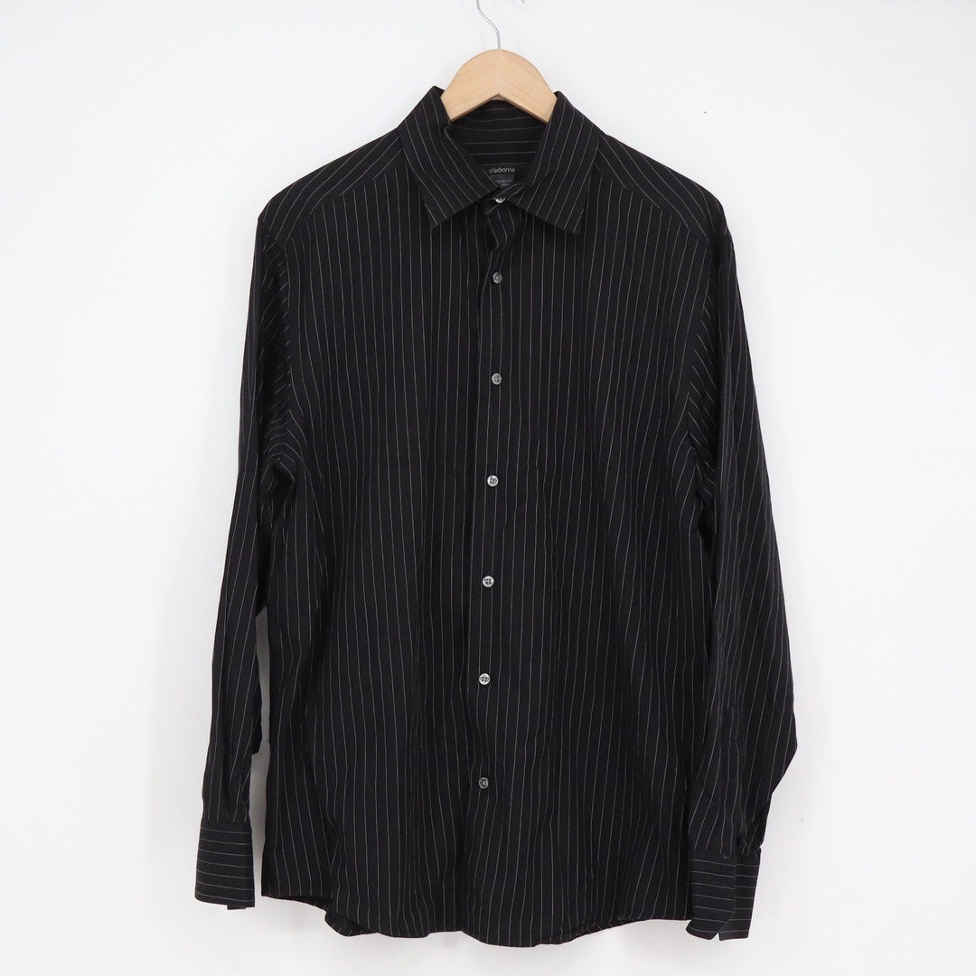 Claiborne Mens Modern Fit Pinstripe Button Up Shirt Black Large 100% Cotton