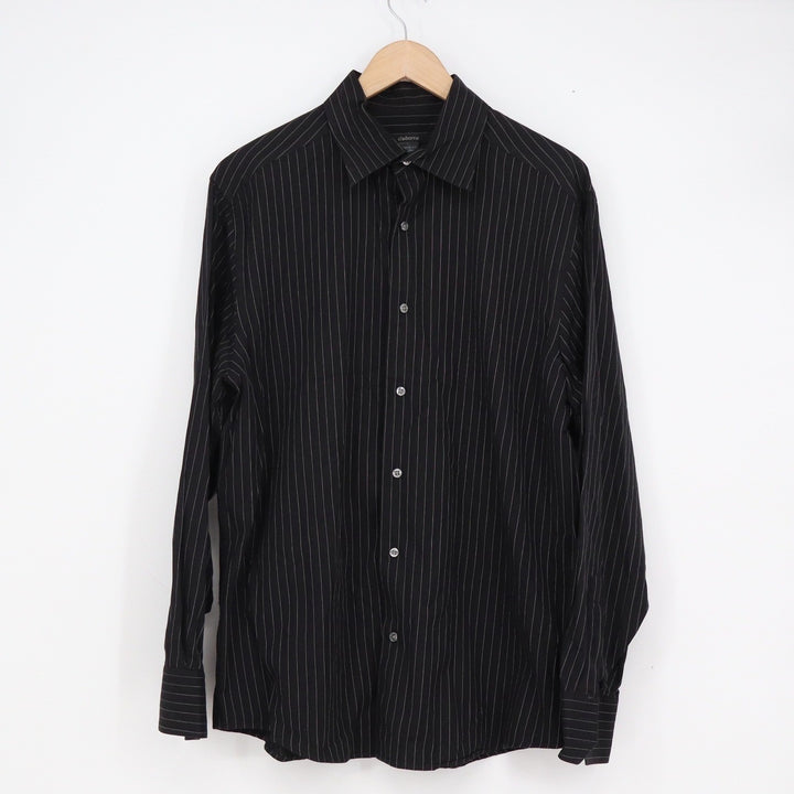 Claiborne Mens Modern Fit Pinstripe Button Up Shirt Black Large 100% Cotton