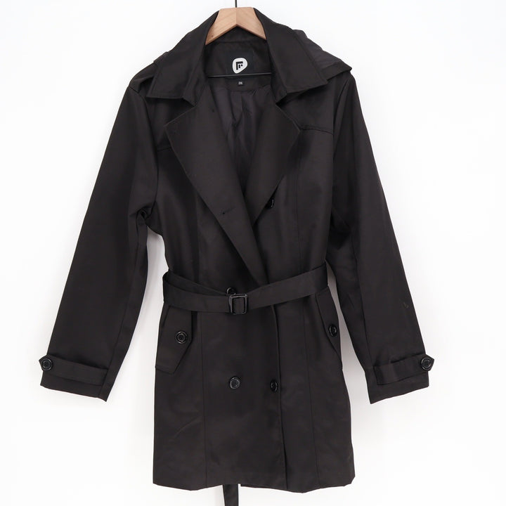 Free Country Black Double Breasted Belted Trench Coat with Hood Size 2XL