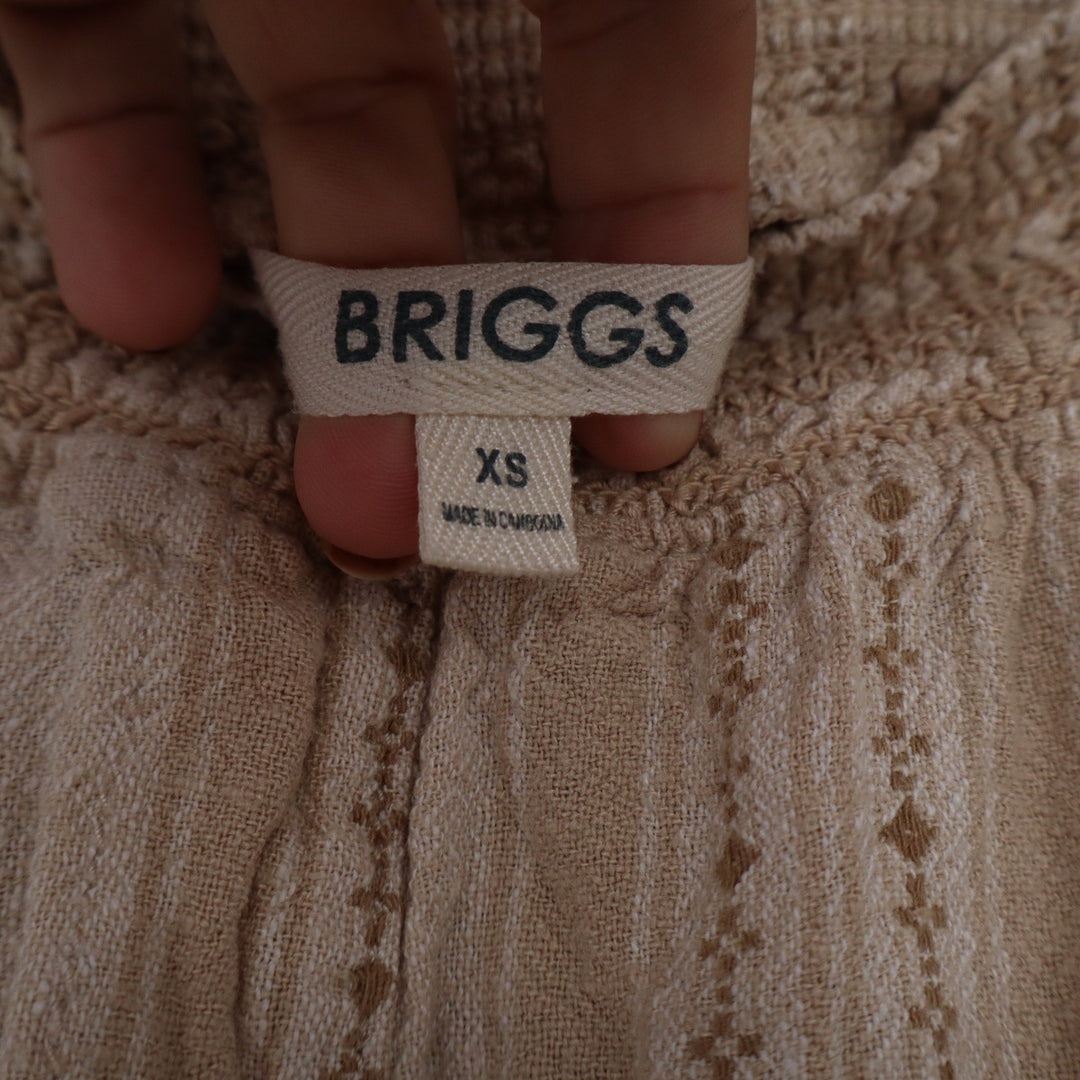 Briggs Womens XS Tan Linen Blend Striped Embroidered Smocked Waist Pants