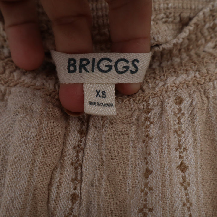 Briggs Womens XS Tan Linen Blend Striped Embroidered Smocked Waist Pants