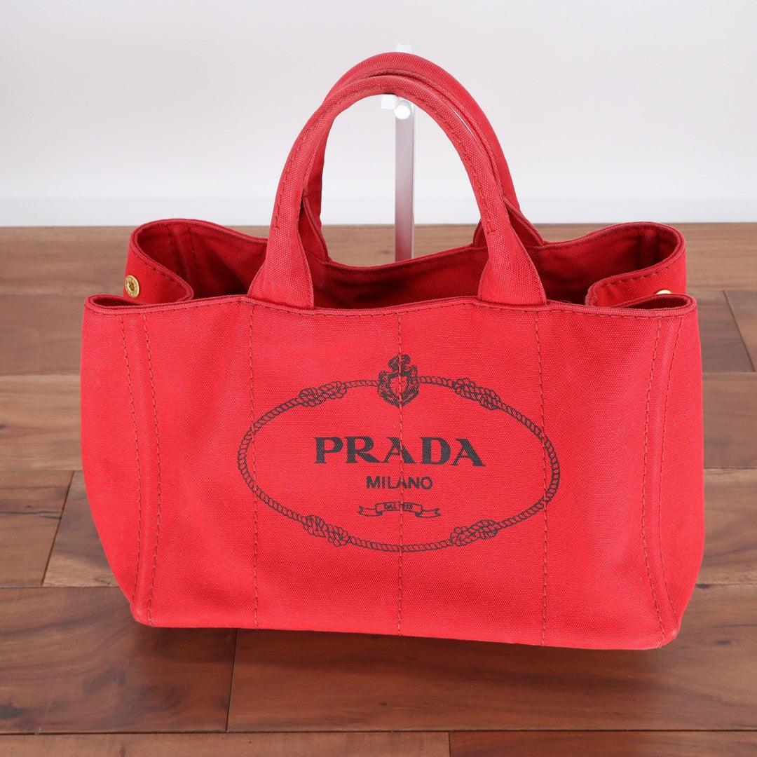 Prada Canapa Tote Bag Red Canvas Logo Handbag Rosso Gold Hardware