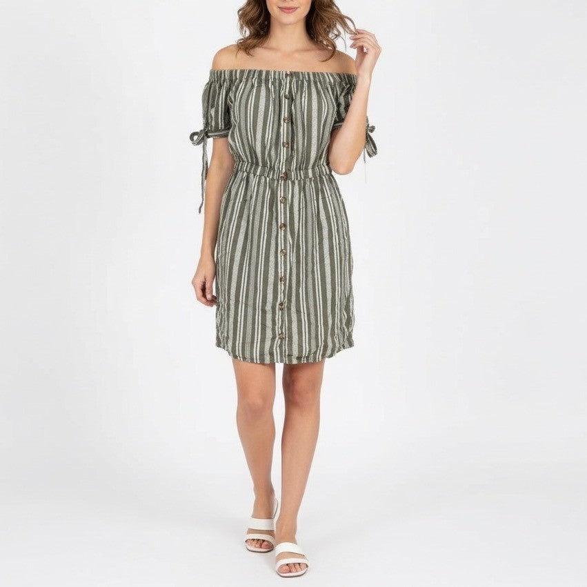 Derek Heart Mini Dress Women L Green White Striped Button Front Off The Shoulder
