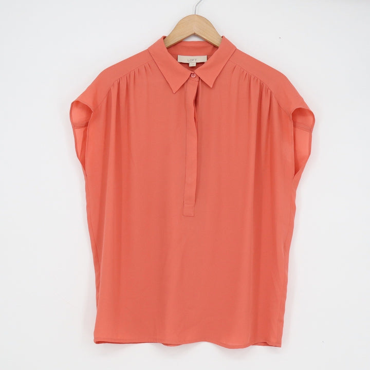 Ann Taylor LOFT Womens Small Coral Pink Cap Sleeve Collared Henley Blouse Top