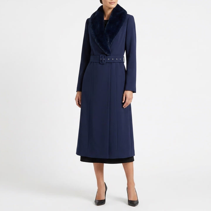 Naked Wardrobe The Statement Trench Coat Womens M Navy Stretch Fur Shawl Collar