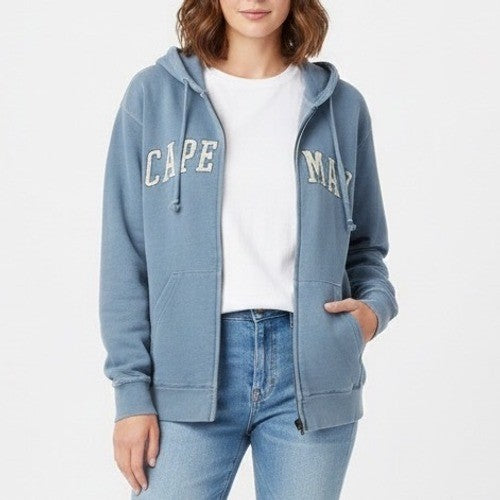US Vintage Cape May Zip Up Hoodie Sweatshirt Blue Cotton Blend Size M