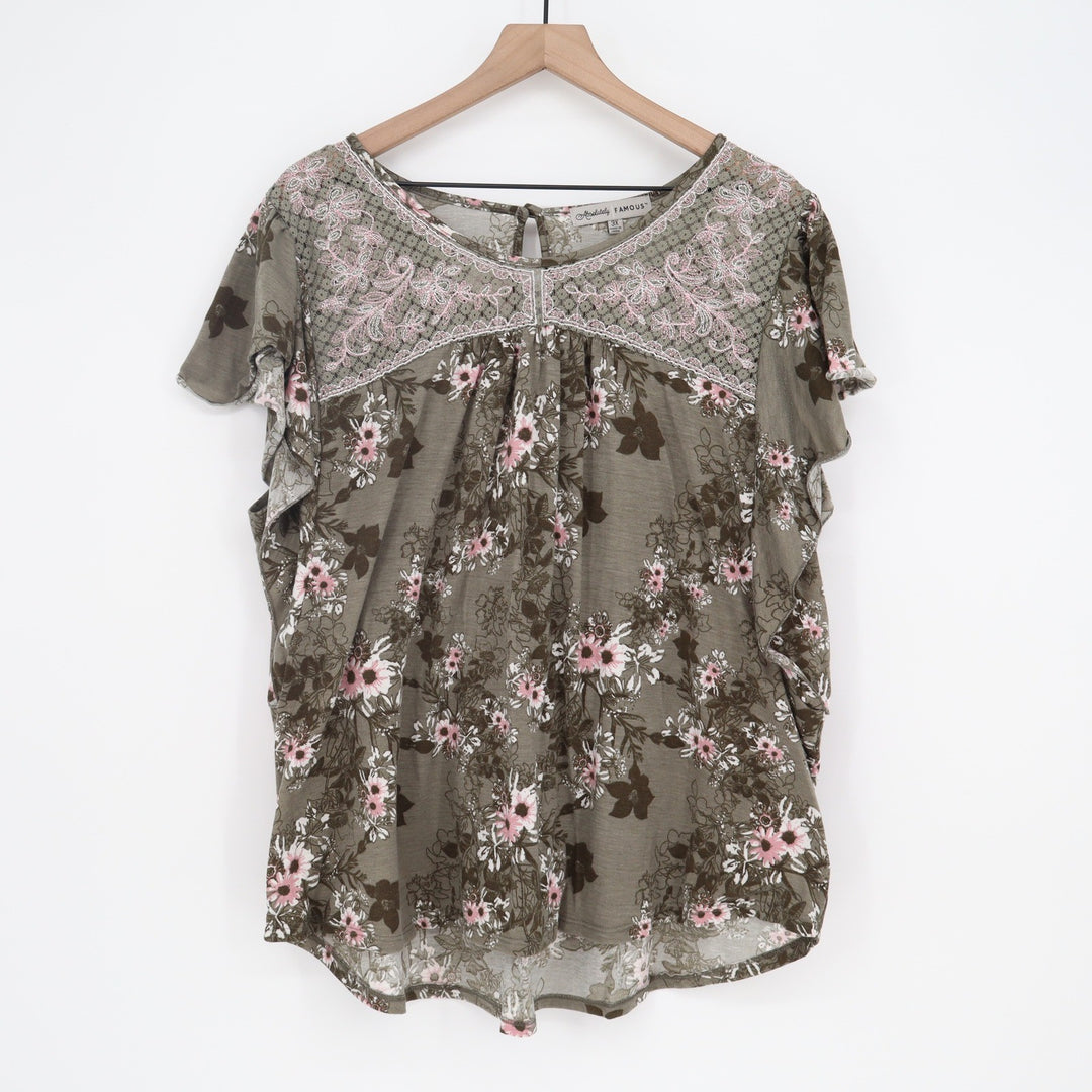 Absolutely Famous Top Womens 3X Floral Flutter Sleeve Olive Green Boho Excellent