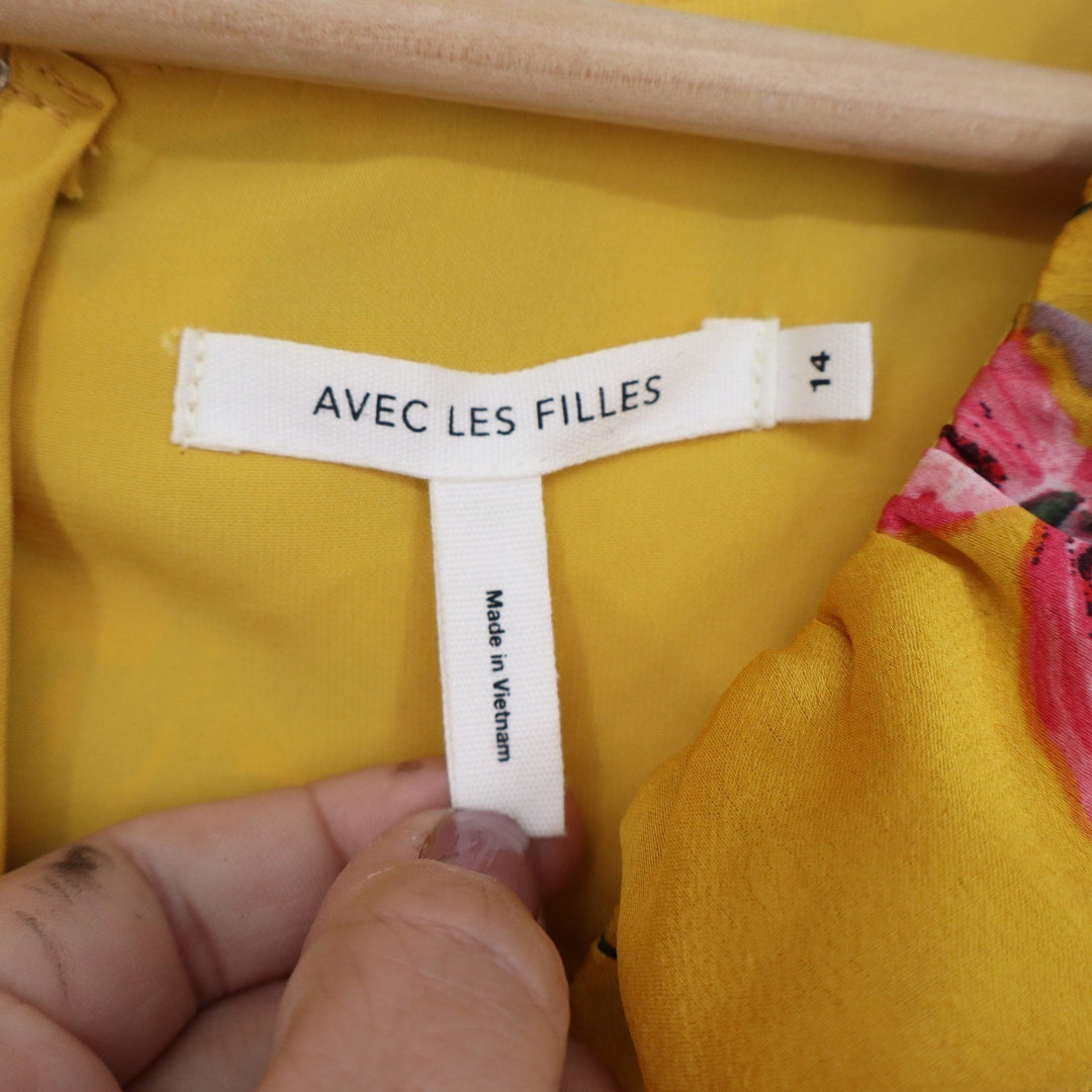 Avec Les Filles Yellow Floral Ruffle Tiered Mini Dress Size 14 Long Sleeve