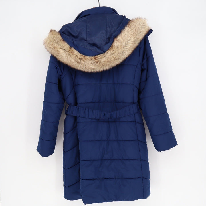 Banana Republic Womens Blue Quilted Puffer Parka Faux Fur Hood Belted Coat L