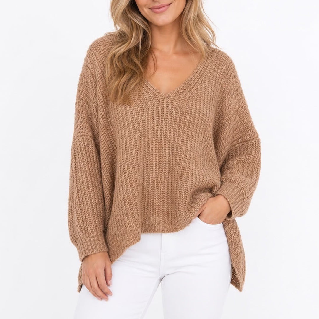 Oversized Chunky Knit V-Neck Sweater Tan Marl Boho Slouchy Pullover