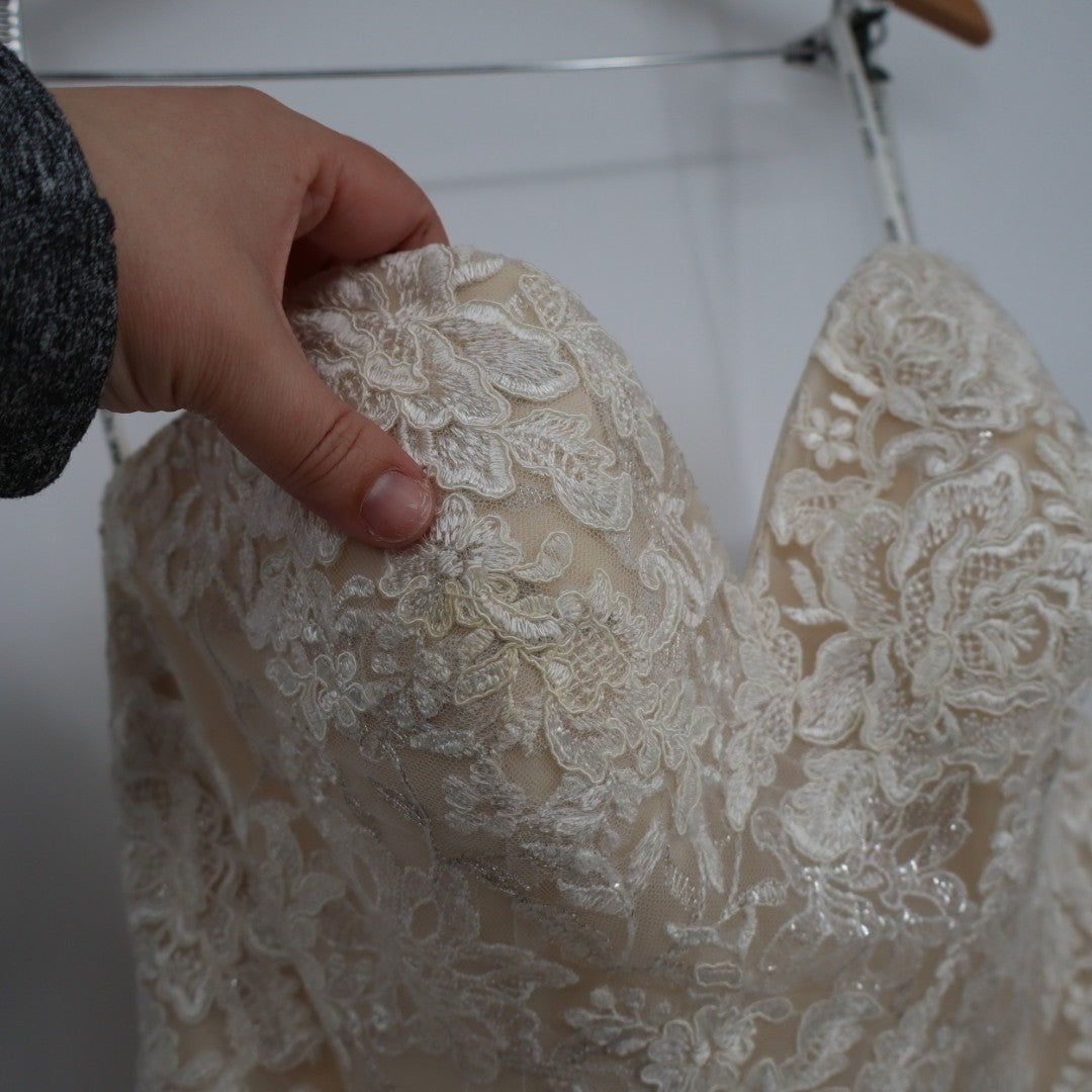 Madison James Wedding Dress Womens 8 White Embroidered Mesh Strapless Sweetheart