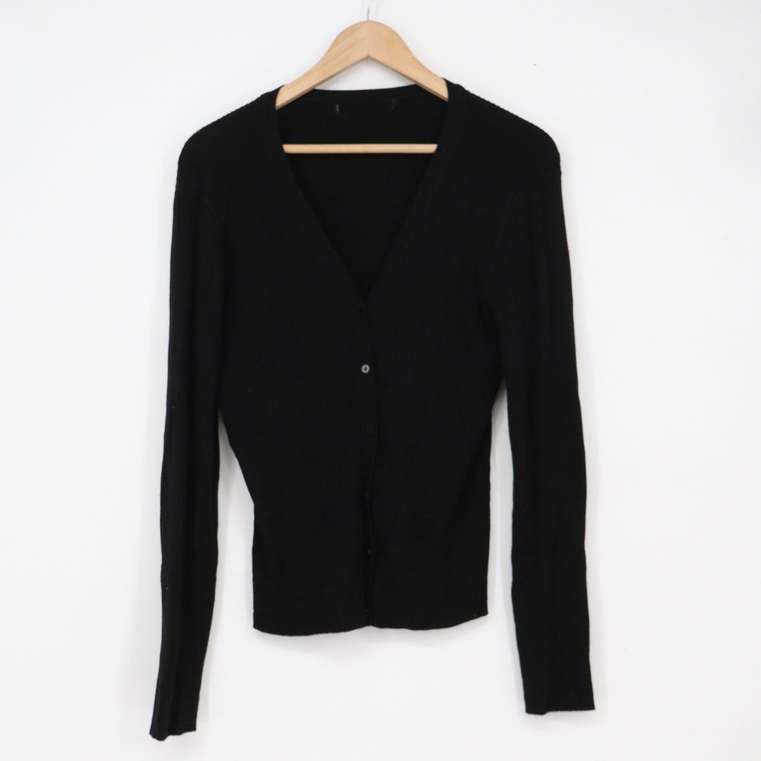 Black Ribbed V-Neck Cardigan Sweater Slim Fit Long Sleeve Button Up Top Medium