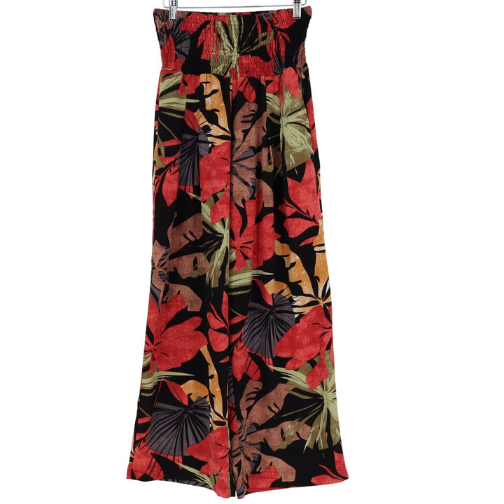 Tropical Floral Wide Leg Palazzo Pants Smocked High Waist Red Black Large