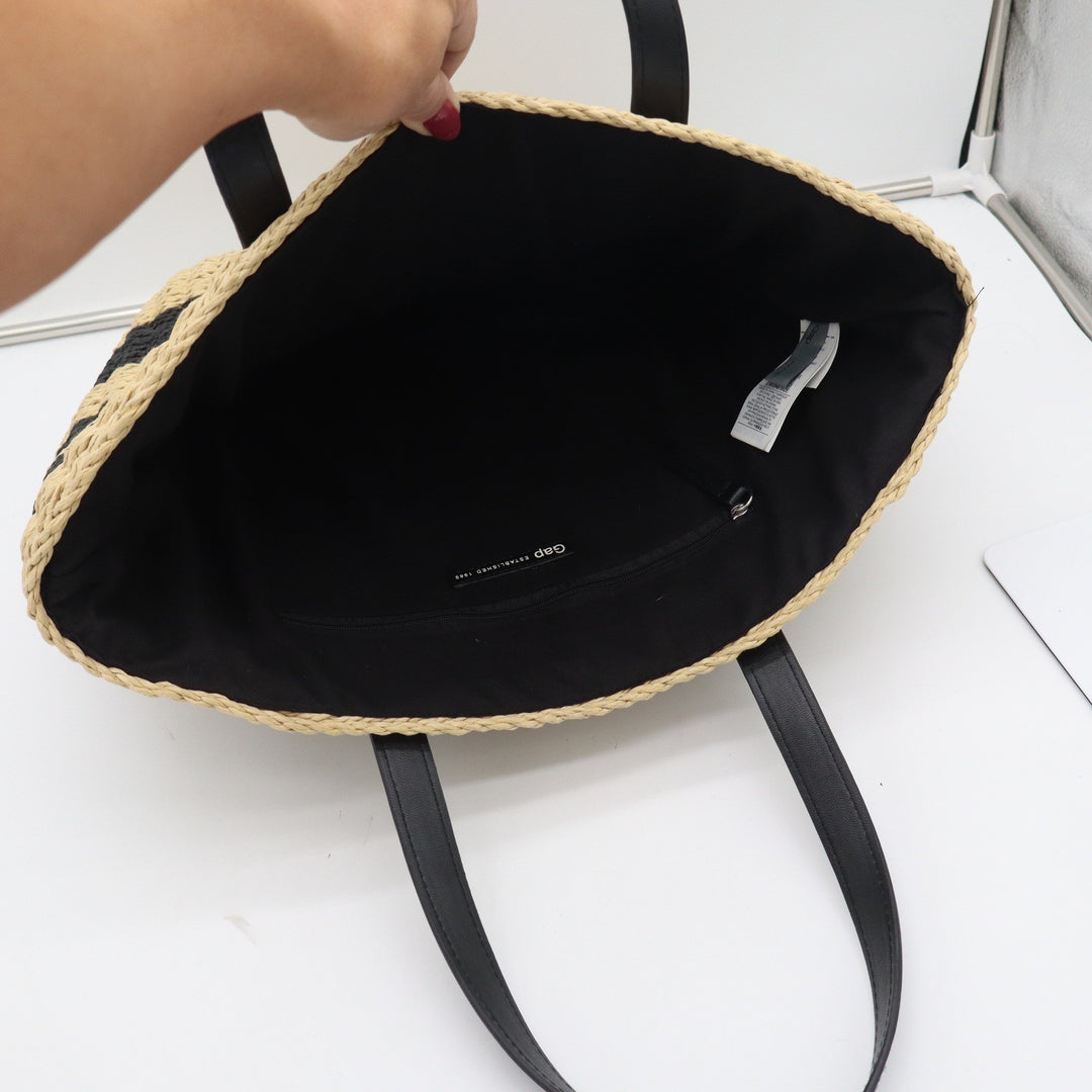 Gap Striped Straw Tote Bag Black Beige Woven Paper Beach Shoulder Bag