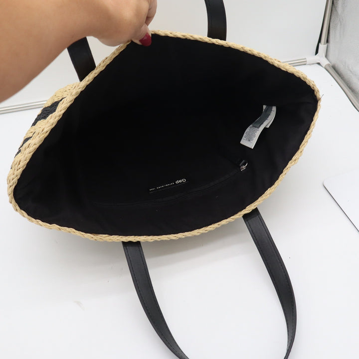 Gap Striped Straw Tote Bag Black Beige Woven Paper Beach Shoulder Bag