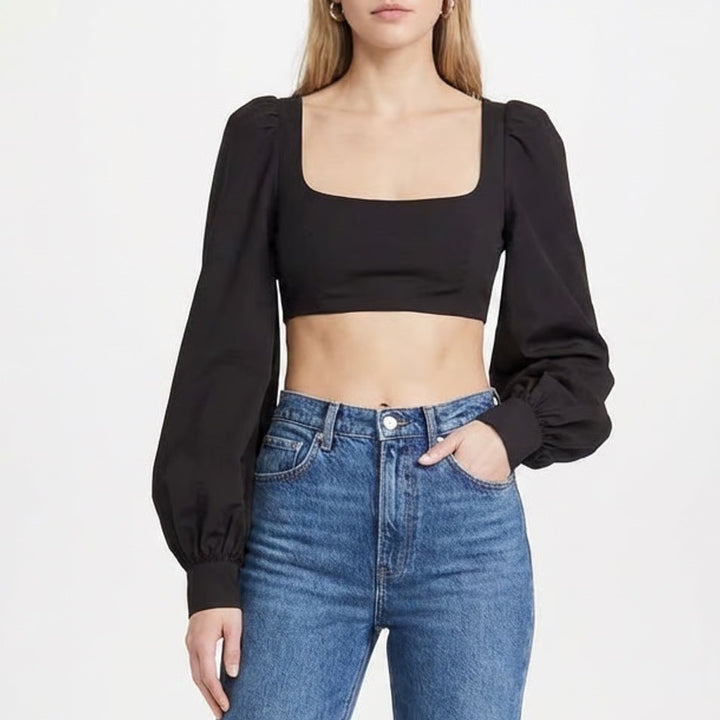 Naked Wardrobe The Statement Black Puff Sleeve Crop Top Small
