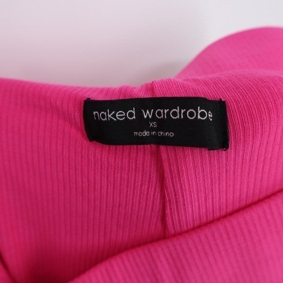 Naked Wardrobe Hot Pink Ribbed Side Slit Leggings XS