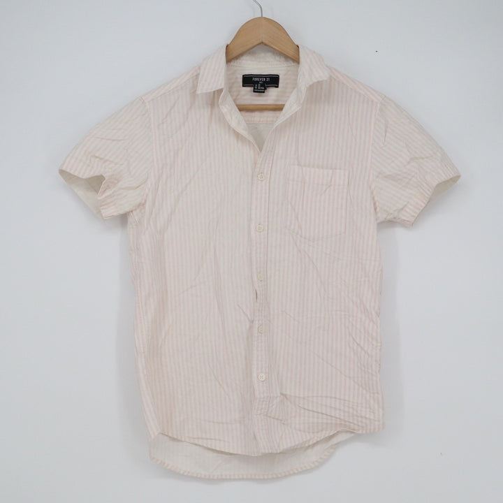 Forever 21 Men Pink White Striped Short Sleeve Button Down Shirt XS Casual