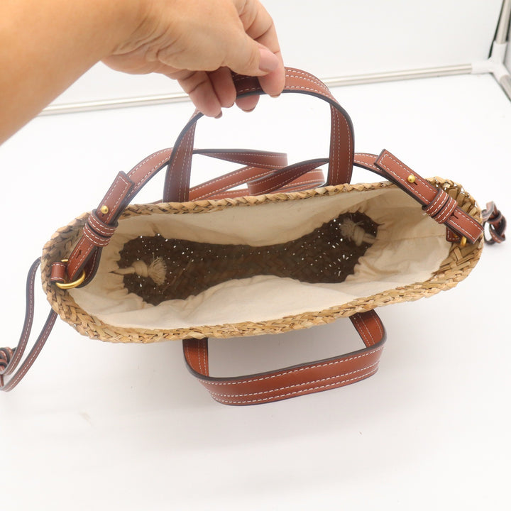 House of Harlow 1960 Woven Straw Leather Studded Basket Bag Crossbody Natural