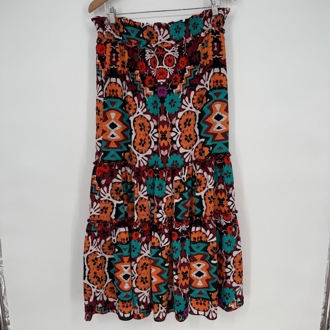 Josie Natori Tiered Maxi Skirt Womens XS Multicolor Aztec Floral Lined Smocked