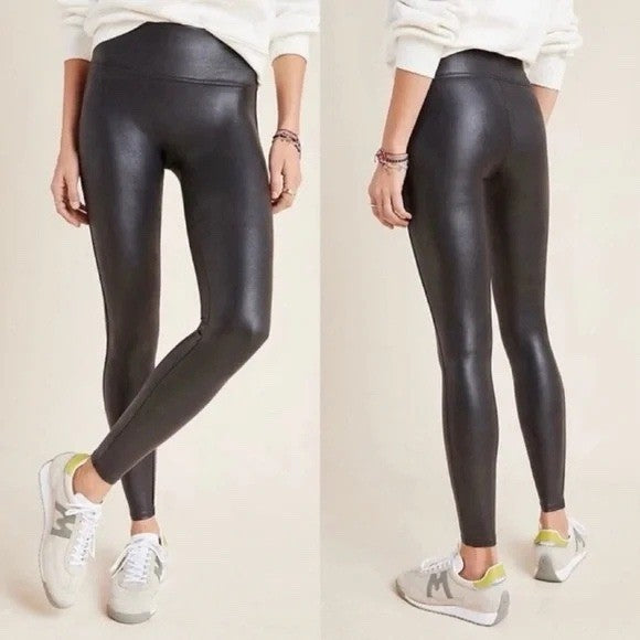 SPANX Faux Leather Velvet Leggings Black High Waisted Athleisure Size L