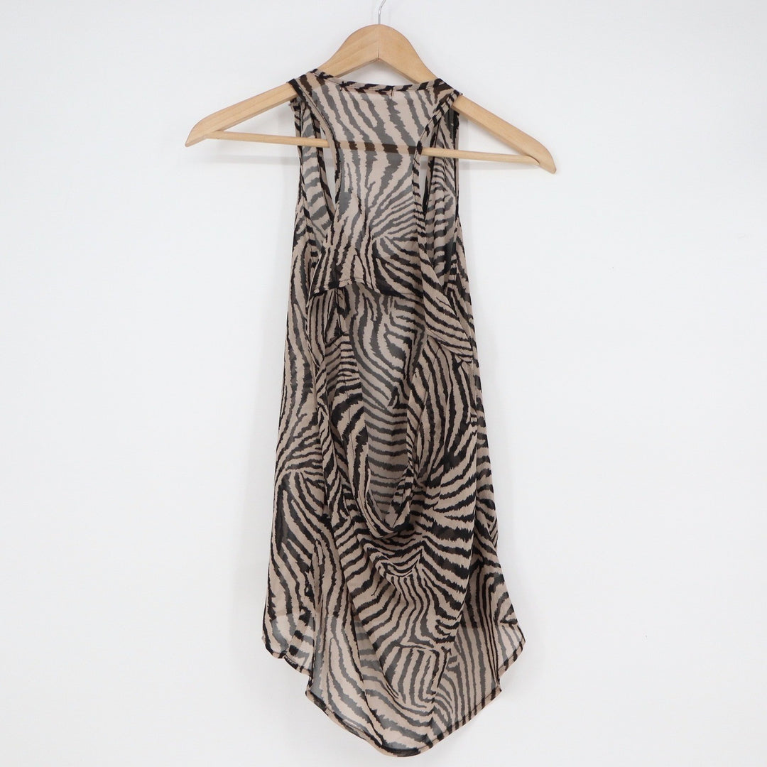 IT'S ME Zebra Print Sheer Racerback Tank Top Draped Open Back Tan Black OS