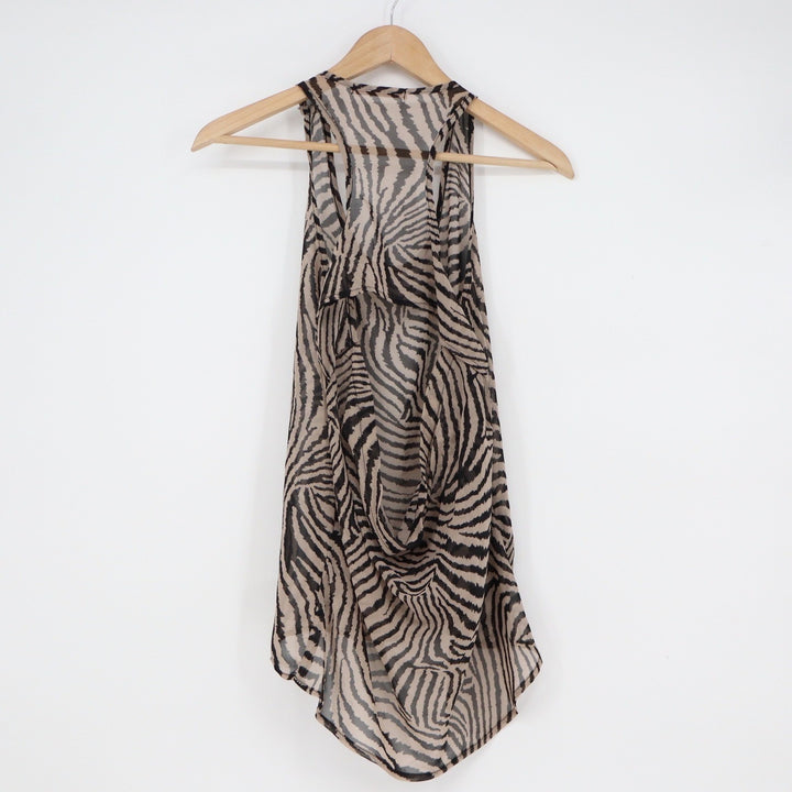 IT'S ME Zebra Print Sheer Racerback Tank Top Draped Open Back Tan Black OS